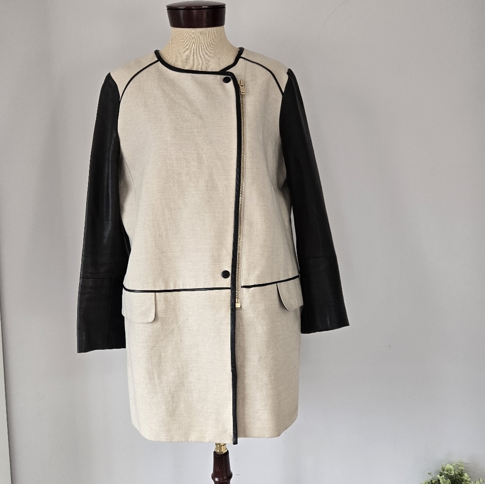 CLUB MONACO linen and lamb leather cream and black jacket. Size large - Picture 2 of 16